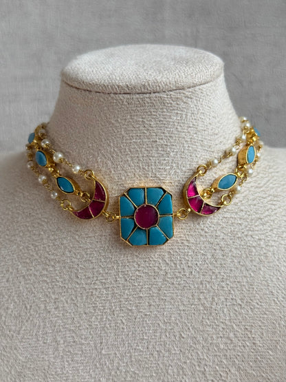 Ayura Designs Mahi Choker Set with Earrings – Meenakari Kundan Turquoise Blue & Hot Pink Detailing