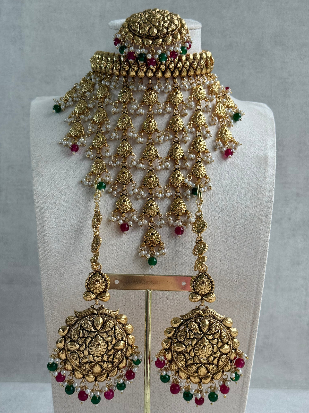 Ayura Designs Karima Choker Set with Sahare Earrings & Tikka – Waterfall Design, Rani Pink & Green Beads, Pearls & Antique Gold Finish