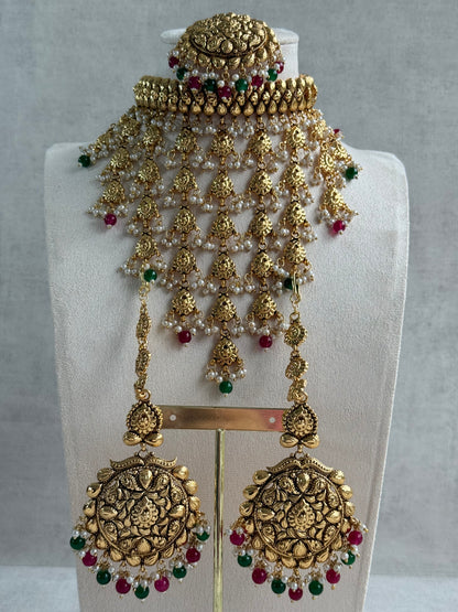 Ayura Designs Karima Choker Set with Sahare Earrings & Tikka – Waterfall Design, Rani Pink & Green Beads, Pearls & Antique Gold Finish