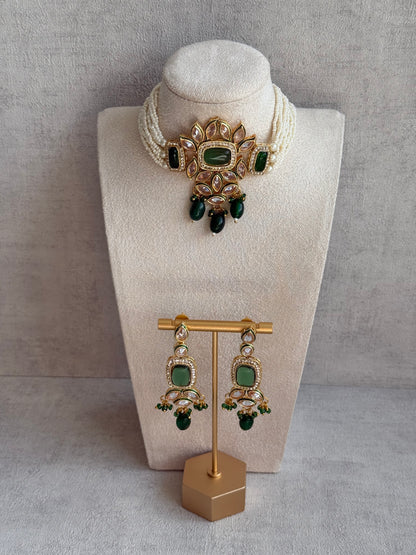Ayura Designs Raaz Set with Necklace & Earrings – Emerald Green Stones, Kundan Detailing & Antique Gold Finish