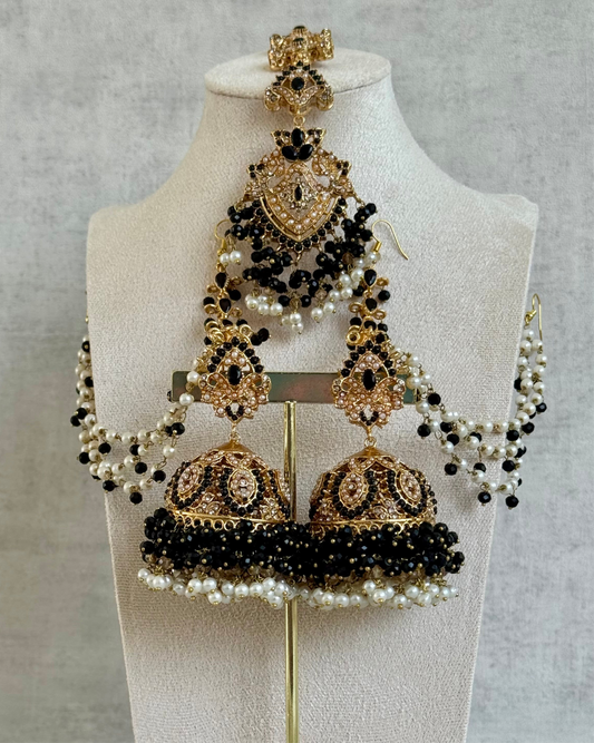 Ayura Designs Safia Tikka Set with Sahare Earrings – Black Beads & Champagne Crystals