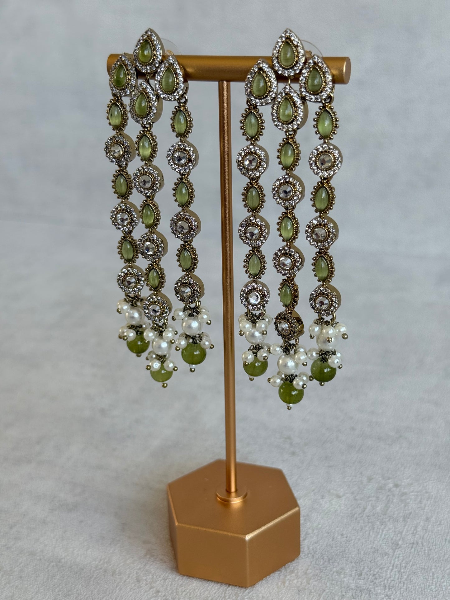 Ayura Designs Emilia Earrings – Gold Triple Strand Statement Earrings with Olive Green Stones & Pearl Drops