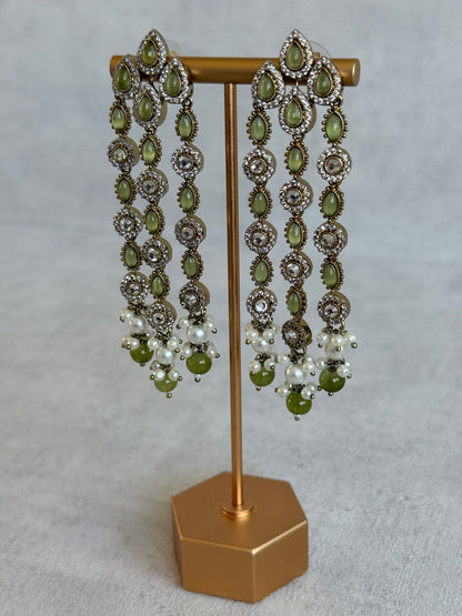 Ayura Designs Emilia Earrings – Gold Triple Strand Statement Earrings with Olive Green Stones & Pearl Drops