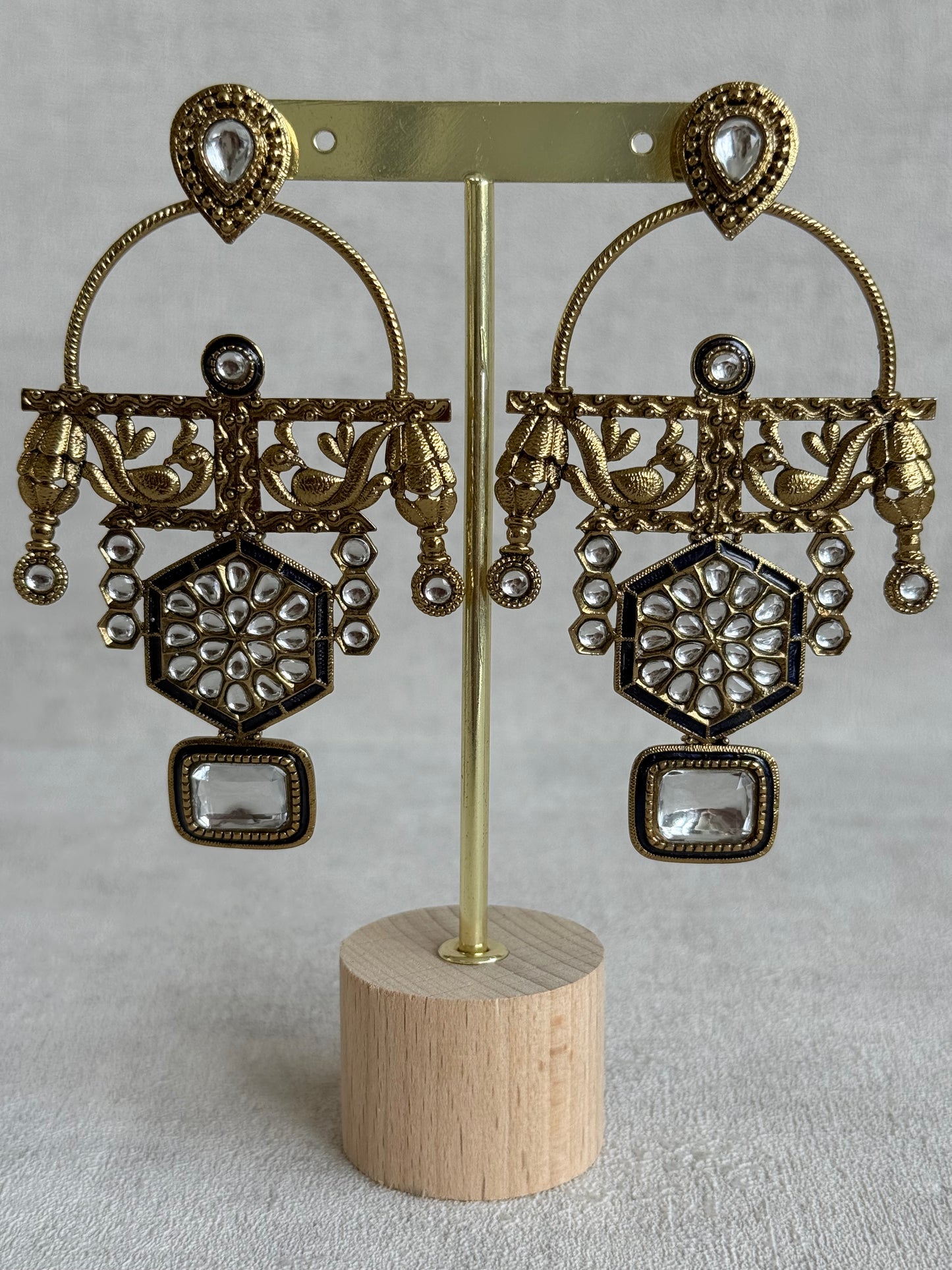 Ayura Designs Irene Earrings – Navy Blue Kundan, Meenakari & Crystal Peacock Chandeliers in Gold