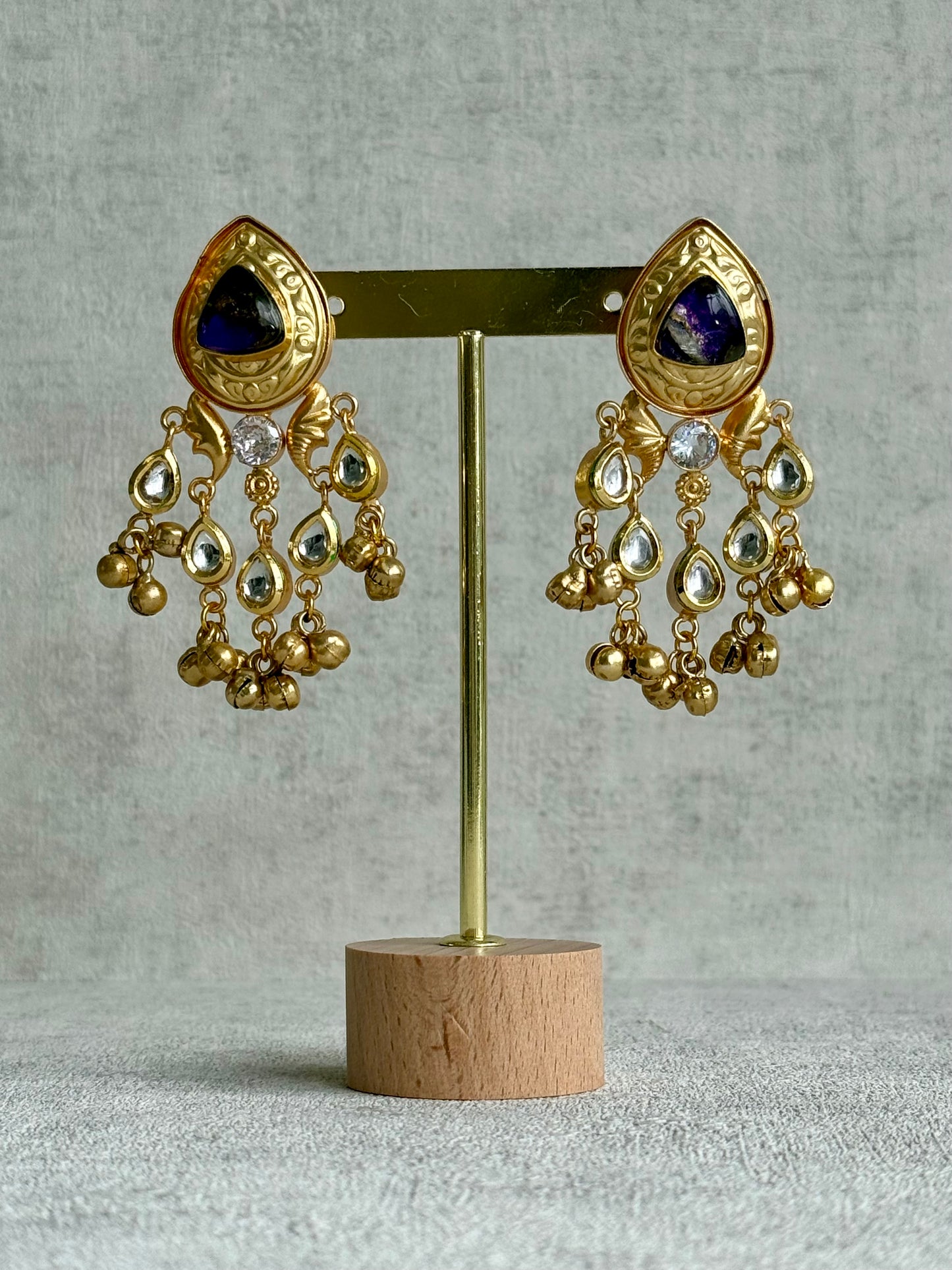Ayura Designs Arheer Earrings – Violet Marble with Kundan Detailing & Antique Gold Ghungroos