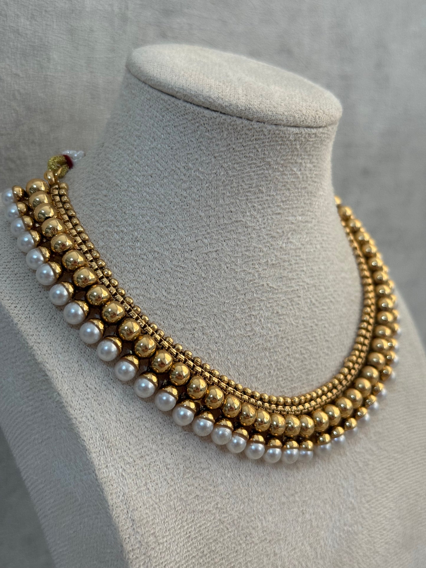 Ayura Designs Devyani Set with Stud Earrings – Antique Gold Layers with Pearl Edging