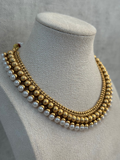 Ayura Designs Devyani Set with Stud Earrings – Antique Gold Layers with Pearl Edging