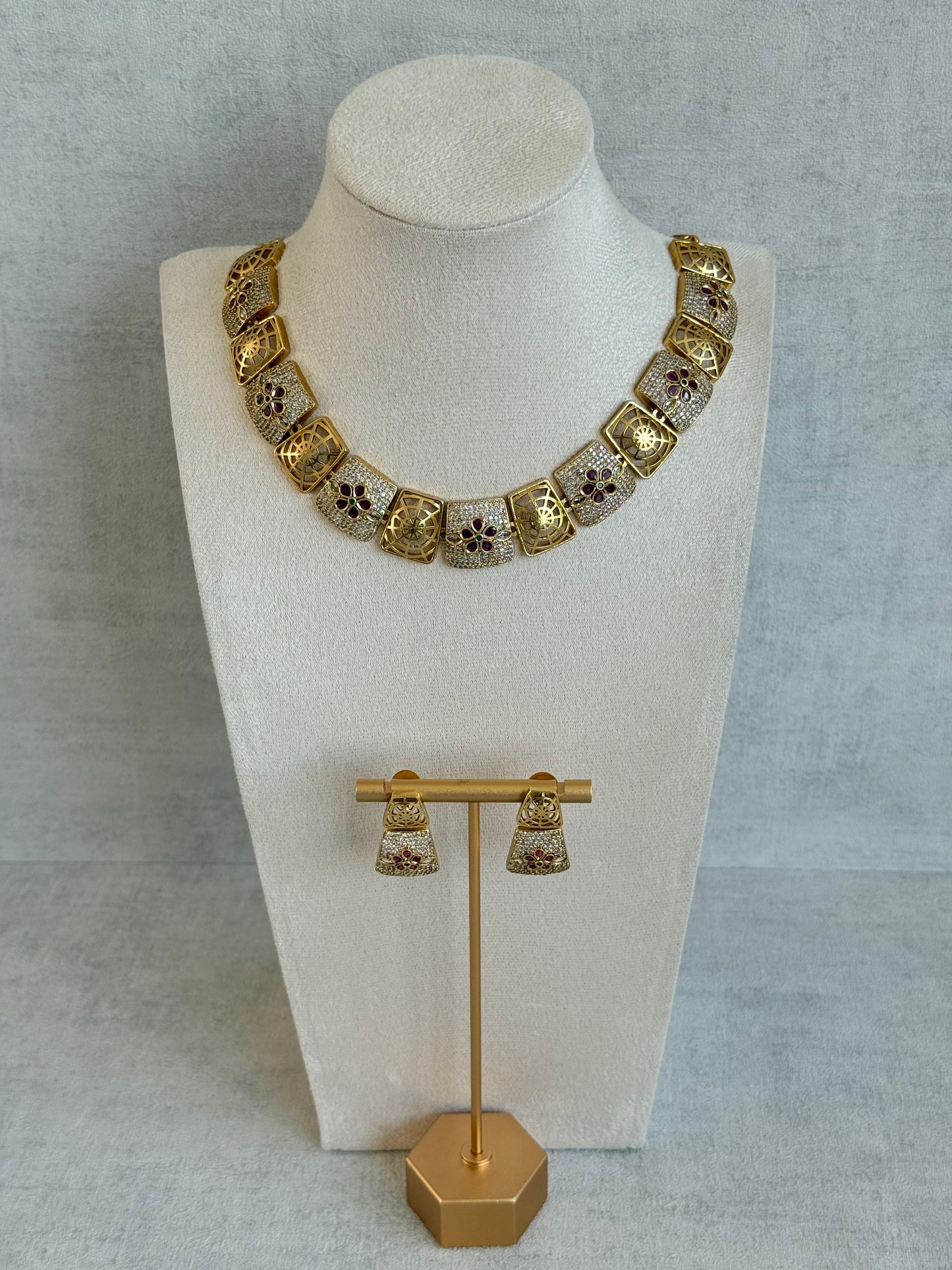 Ayura Designs Vibha Necklace & Stud Earrings Set – Gold Floral Statement Design with Ruby Pink & Crystal Detailing