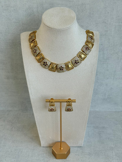Ayura Designs Vibha Necklace & Stud Earrings Set – Gold Floral Statement Design with Ruby Pink & Crystal Detailing