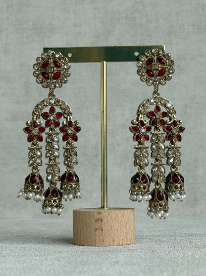 Ayura Designs Soraya Earrings – Ruby Red Stones, Champagne Crystals, Pearl Detailing & Gold Finish