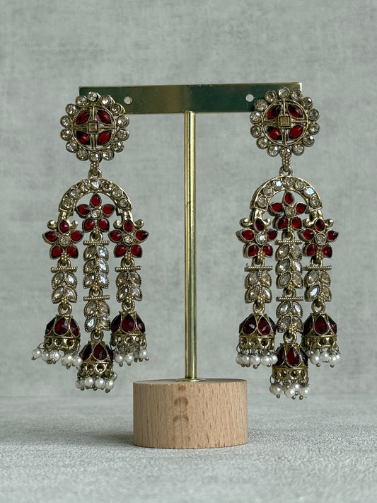 Ayura Designs Soraya Earrings – Ruby Red Stones, Champagne Crystals, Pearl Detailing & Gold Finish