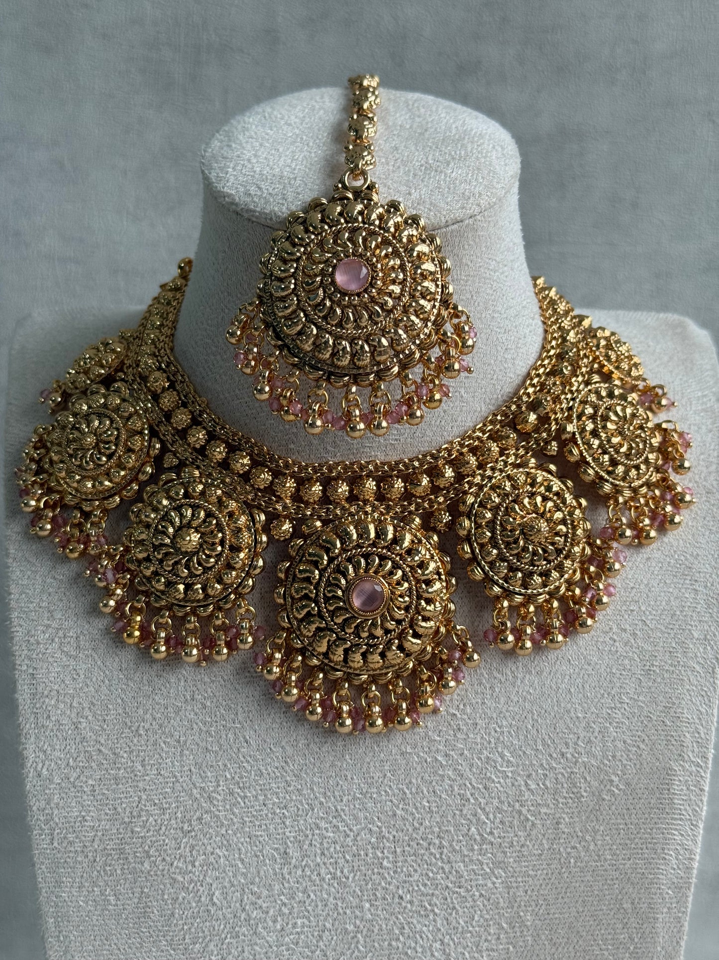 Ayura Designs Rummy Set – Statement Necklace, Earrings & Tikka with Blush Pink Beads and Polished Gold Finish