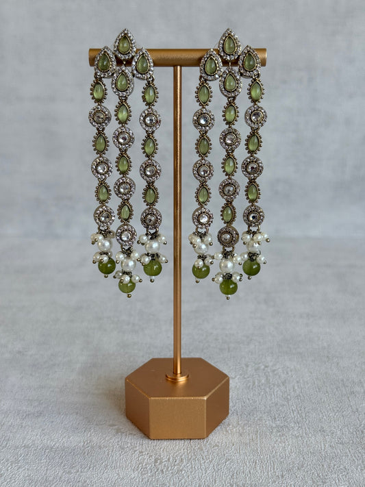 Ayura Designs Emilia Earrings – Gold Triple Strand Statement Earrings with Olive Green Stones & Pearl Drops
