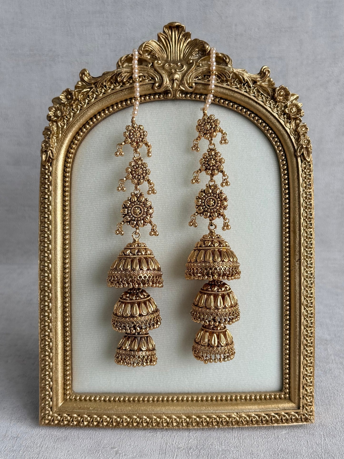 Ayura Designs Preet Sahare Jhumkis – Antique Gold Finish with Triple Dome Design