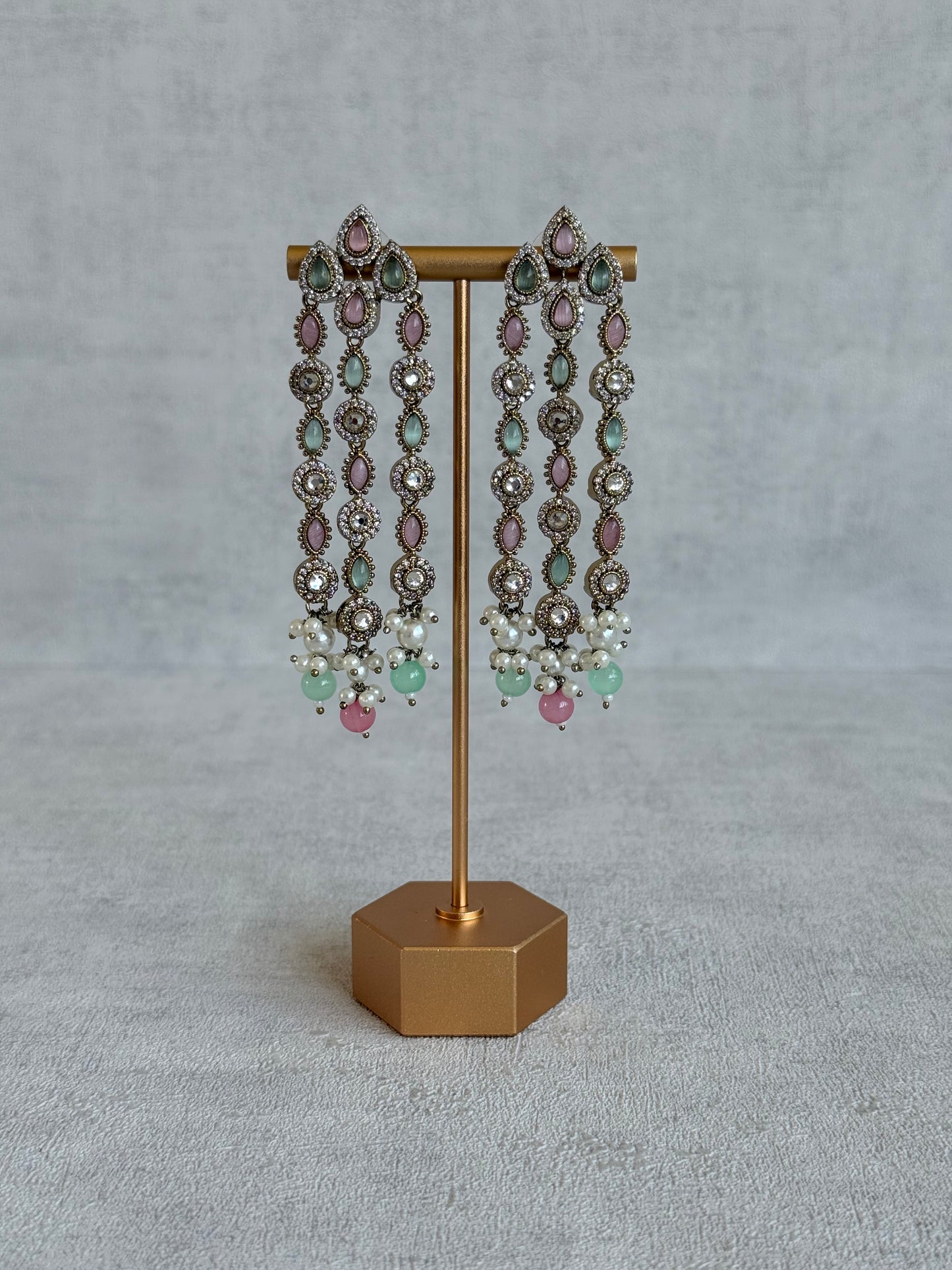 Ayura Designs Emilia Earrings – Gold Triple Strand Statement Earrings with Mint Green & Blush Pink Stones & Pearl Drops