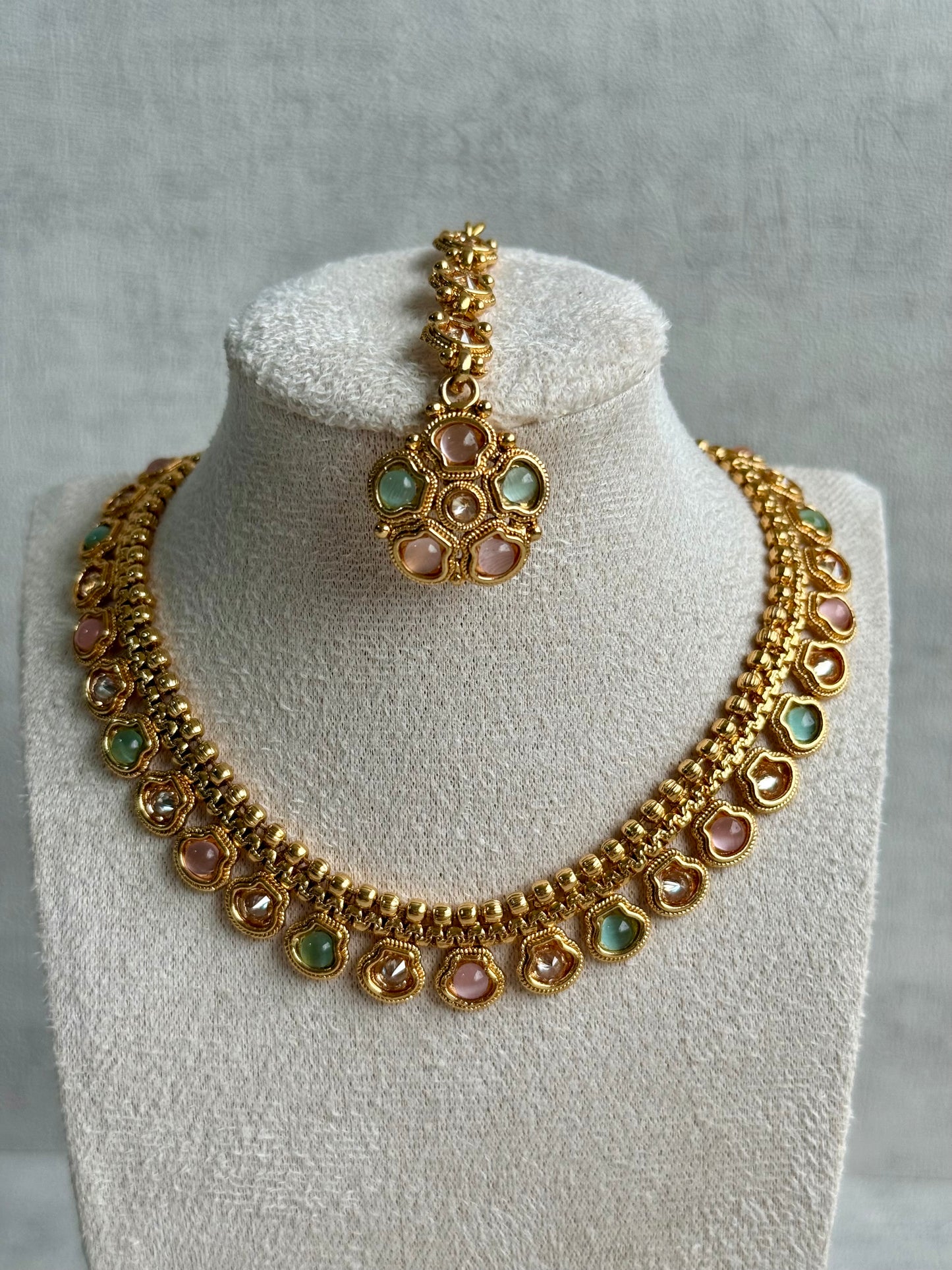 Ayura Designs Amala Set with Necklace, Studs & Tikka – Blush Pink & Pistachio Green Stones, Antique Gold Finish