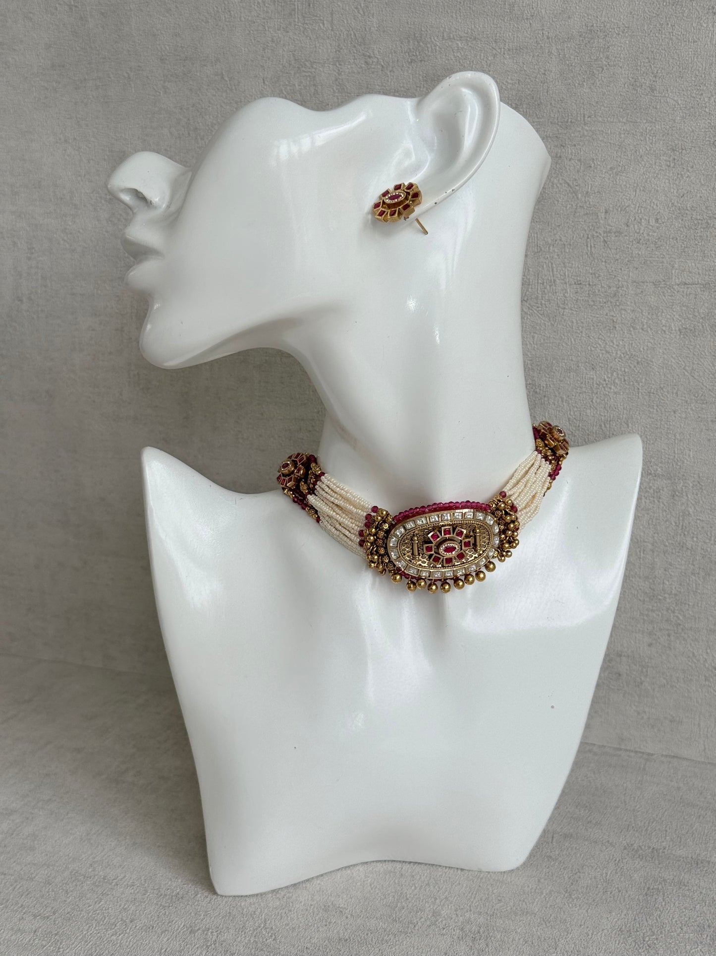 Ayura Designs Amiri Choker Set with Stud Earrings – Ruby Pink Stones, Pearl Strands & Moissanite Detailing