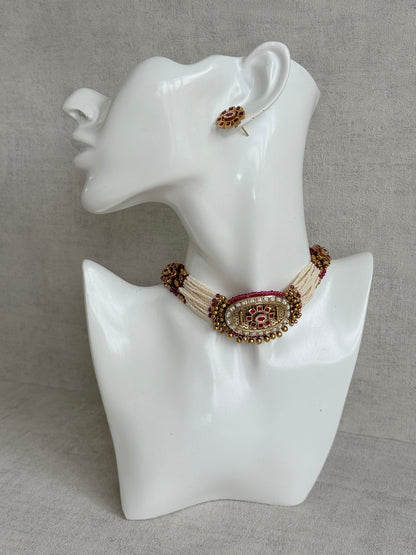 Ayura Designs Amiri Choker Set with Stud Earrings – Ruby Pink Stones, Pearl Strands & Moissanite Detailing