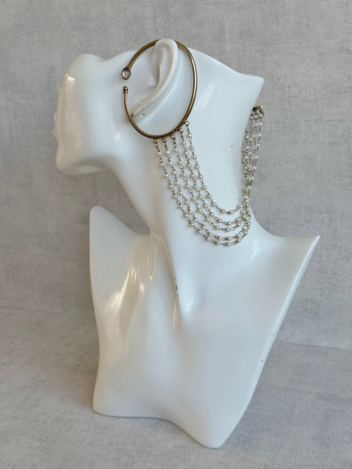 Ayura Designs Anvika Hair Chain Ear Cuffs with Pearl Sahare – Gold Finish & Pearl Detailing