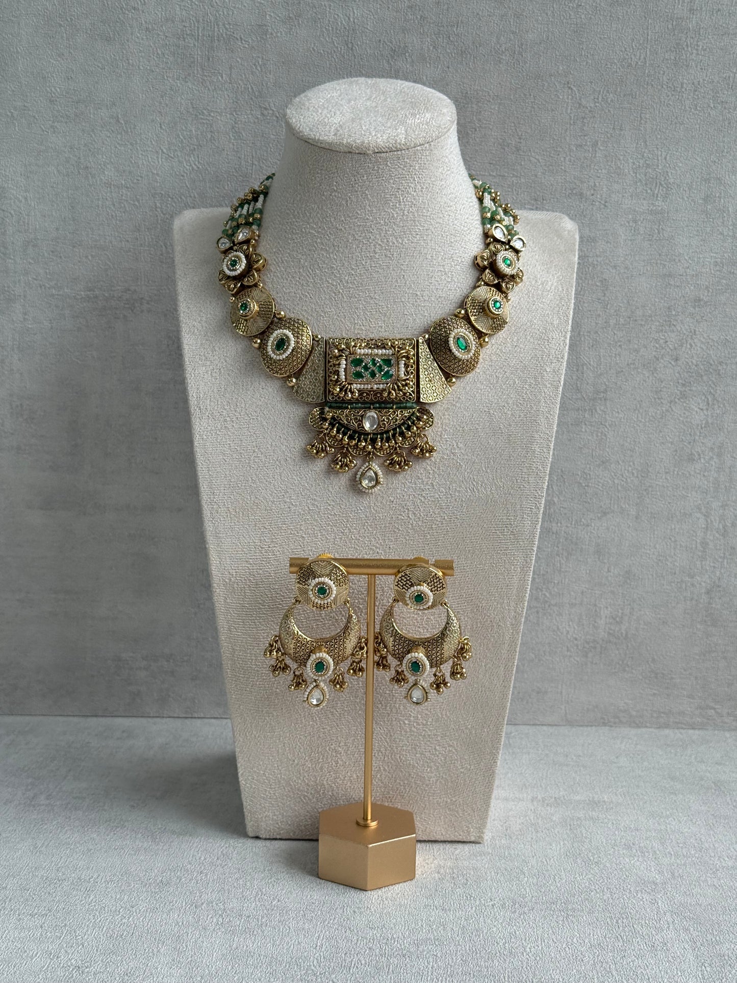 Ayura Designs Purvi Set – Necklace & Earrings with Antique Gold Filigree, Emerald & Pearl Detailing