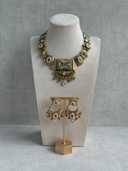 Ayura Designs Purvi Set – Necklace & Earrings with Antique Gold Filigree, Emerald & Pearl Detailing