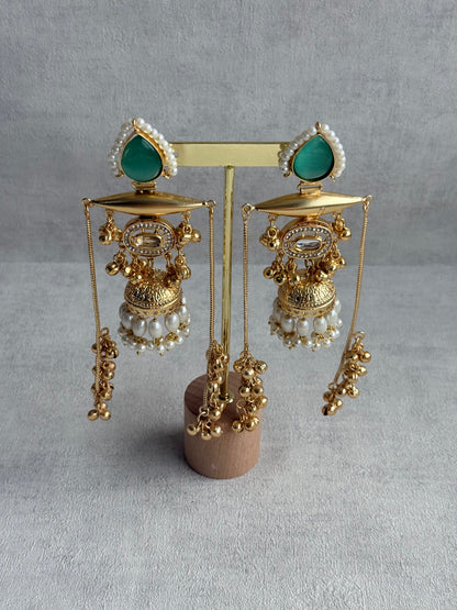 Ayura Designs Hoorza Earrings – Kashmiri Earrings with Mint Green Stones, Pearl Detailing & Ghungroo Chains