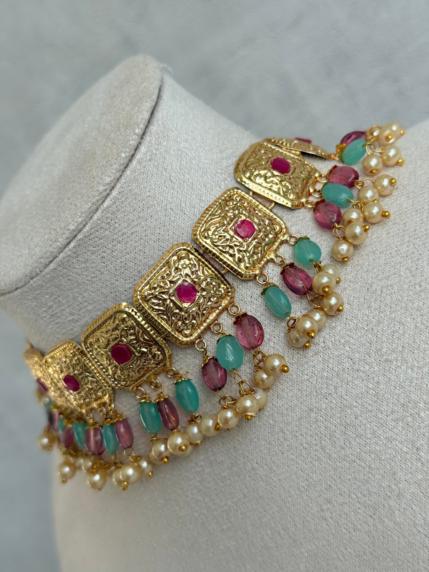 Ayura Designs Chetna Choker Set with Earrings & Tikka – Aqua & Rani Pink Beads, Cream Pearl Drops with Pipal Patti Detailing