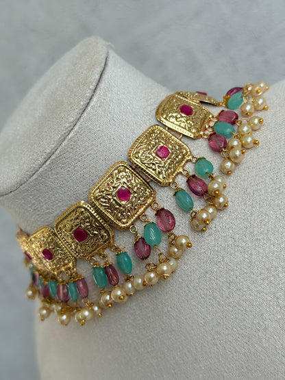 Ayura Designs Chetna Choker Set with Earrings & Tikka – Aqua & Rani Pink Beads, Cream Pearl Drops with Pipal Patti Detailing