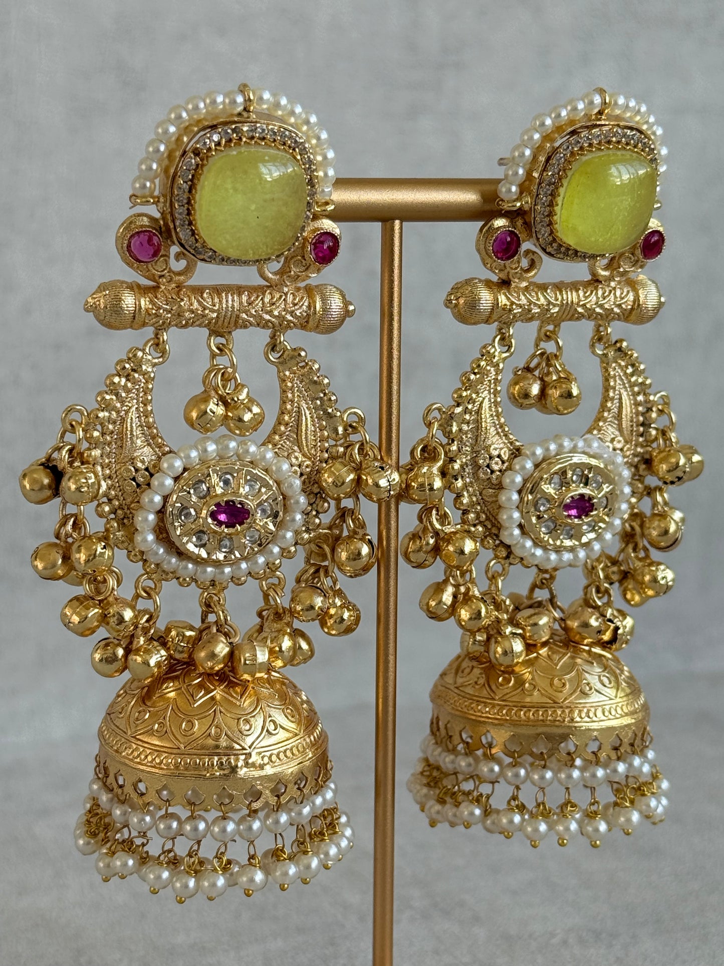 Ayura Designs Mahwish Jhumkis – Lime Yellow Stones, Pearls & Ghungroo Detailing