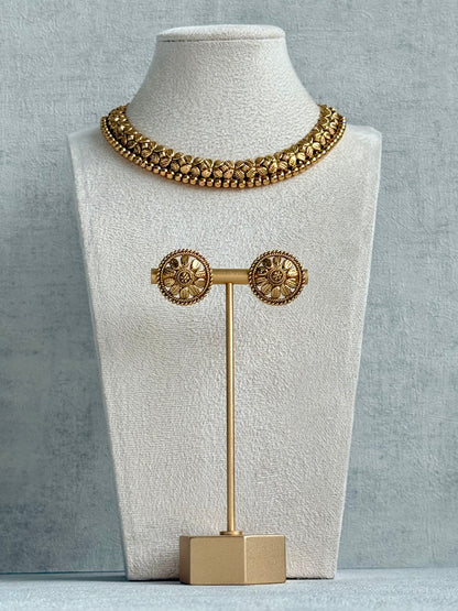 Ayura Designs Sathya Necklace Set with Stud Earrings – Antique Gold Temple Style with Textured Beadwork