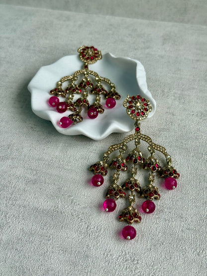 Ayura Designs Jasmine Earrings – Chandelier Earrings with Fuchsia Beads & Antique Gold Detailing