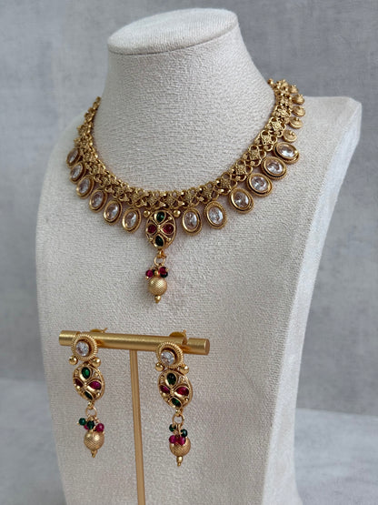 Ayura Designs Perniya Set with Necklace & Earrings – Mirror-Cut Stones with Multicolour Accents in Antique Gold Finish