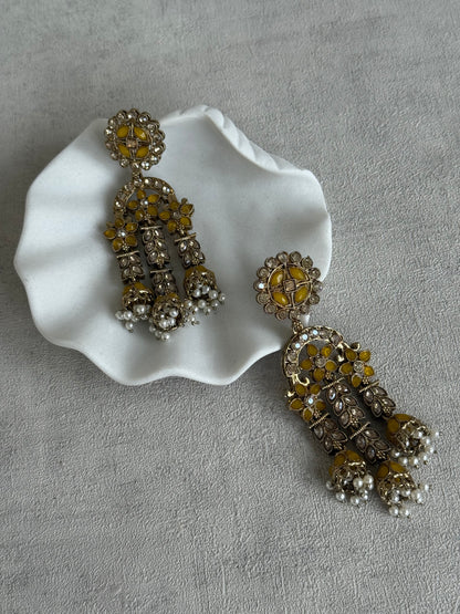 Ayura Designs Soraya Earrings – Yellow Stones, Champagne Crystals, Pearl Detailing & Gold Finish