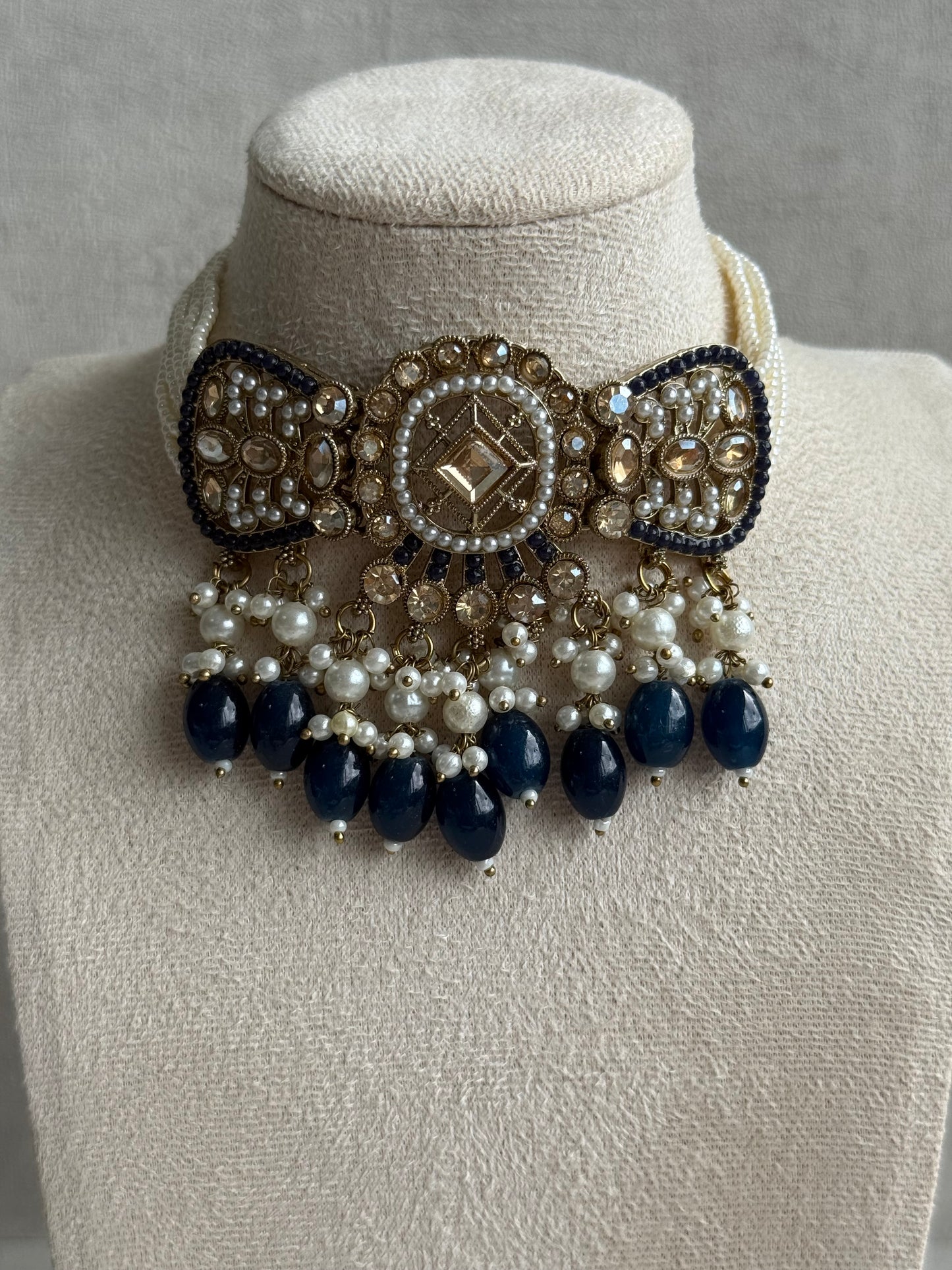 Ayura Designs Qudsia Set with Necklace, Earrings & Tikka – Navy Blue Stones, Kundan Detailing & Antique Gold Finish