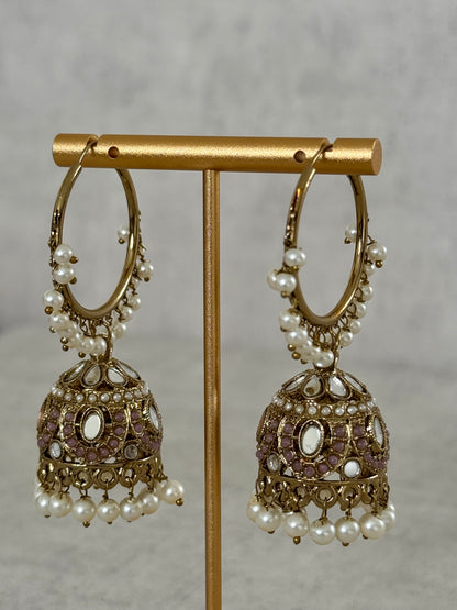 Ayura Designs Jugni Bali Jhumkas – Antique Gold with Mauve & Pearl Accents