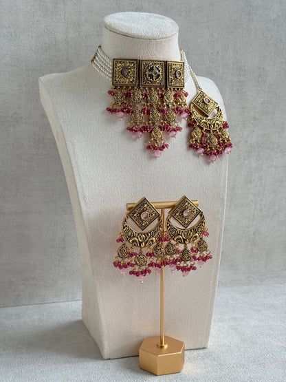 Ayura Designs Samera Choker Set with Earrings & Tikka – Rani Pink & Blush Pink Beads, Green Centre Stone, Floral Motifs & Antique Gold Finish