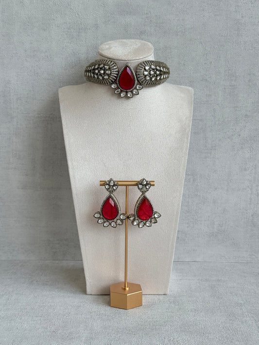 Ayura Designs Ziva Choker Set with Earrings – Ruby Red Teardrop Stone with Moissanite Style Detailing