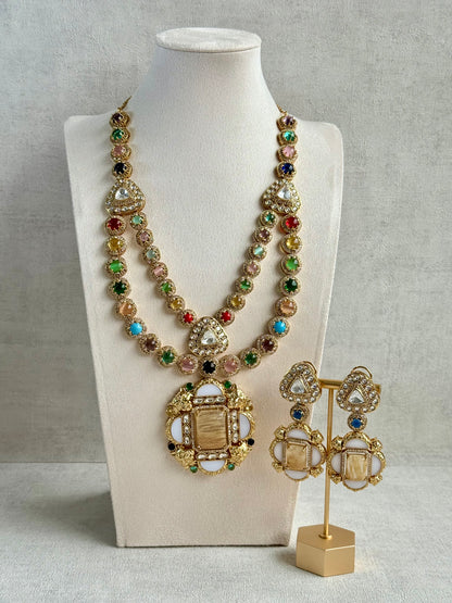 Ayura Designs Daphne Necklace Set with Statement Earrings – Gold Finish with Moissanite-Style Stones & Multicolour Accents