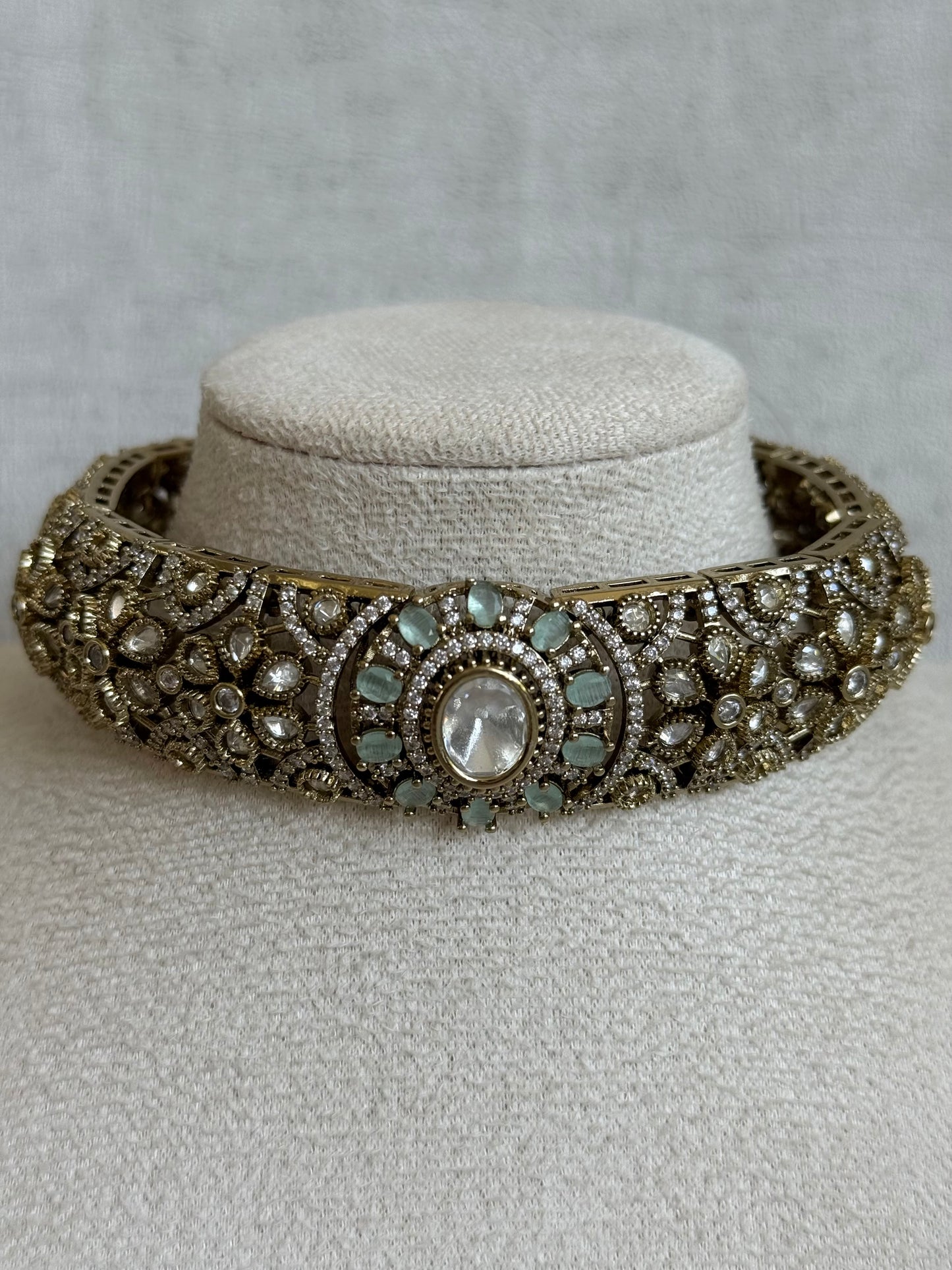 Ayura Designs Genevieve Choker Set with Studs – Mint Crystal Kundan in Antique Gold