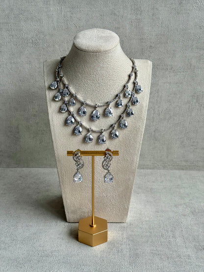 Ayura Designs Nida Set with Necklace & Earrings – Clear Crystal Stones, Diamond-Cut Detailing & Silver Finish