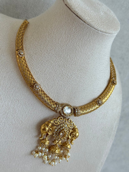 Ayura Designs Wadha Collar Necklace Set with Earrings – Gold Elephant Pendant & White Crystal Detailing