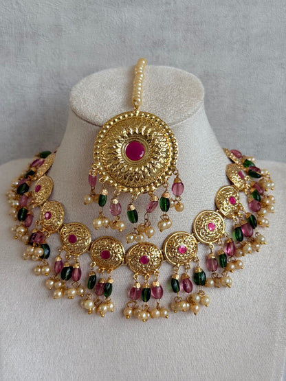 Ayura Designs Jyoti Set with Earrings & Tikka – Gold Disc Necklace with Ruby Pink, Emerald Green & Pearl Detailing