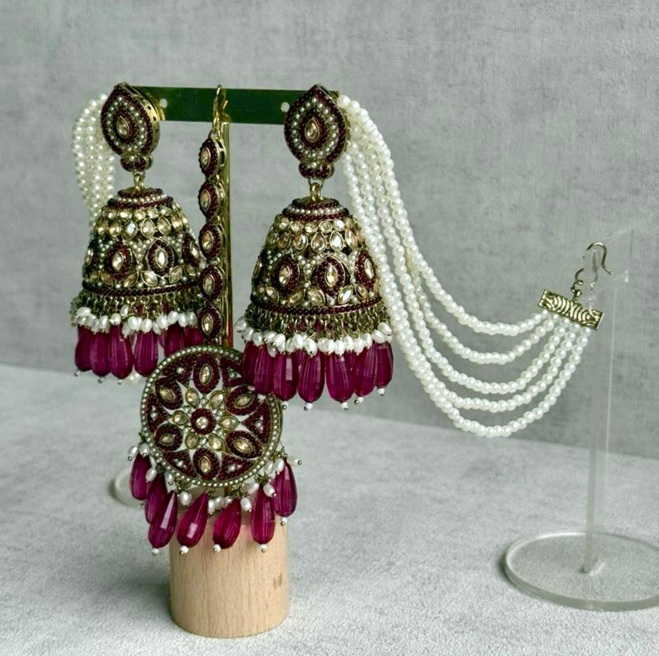 Ayura Designs Amrita Set – Jhumkis with Sahare & Tikka in Magenta, Pearls and Antique Gold Finish