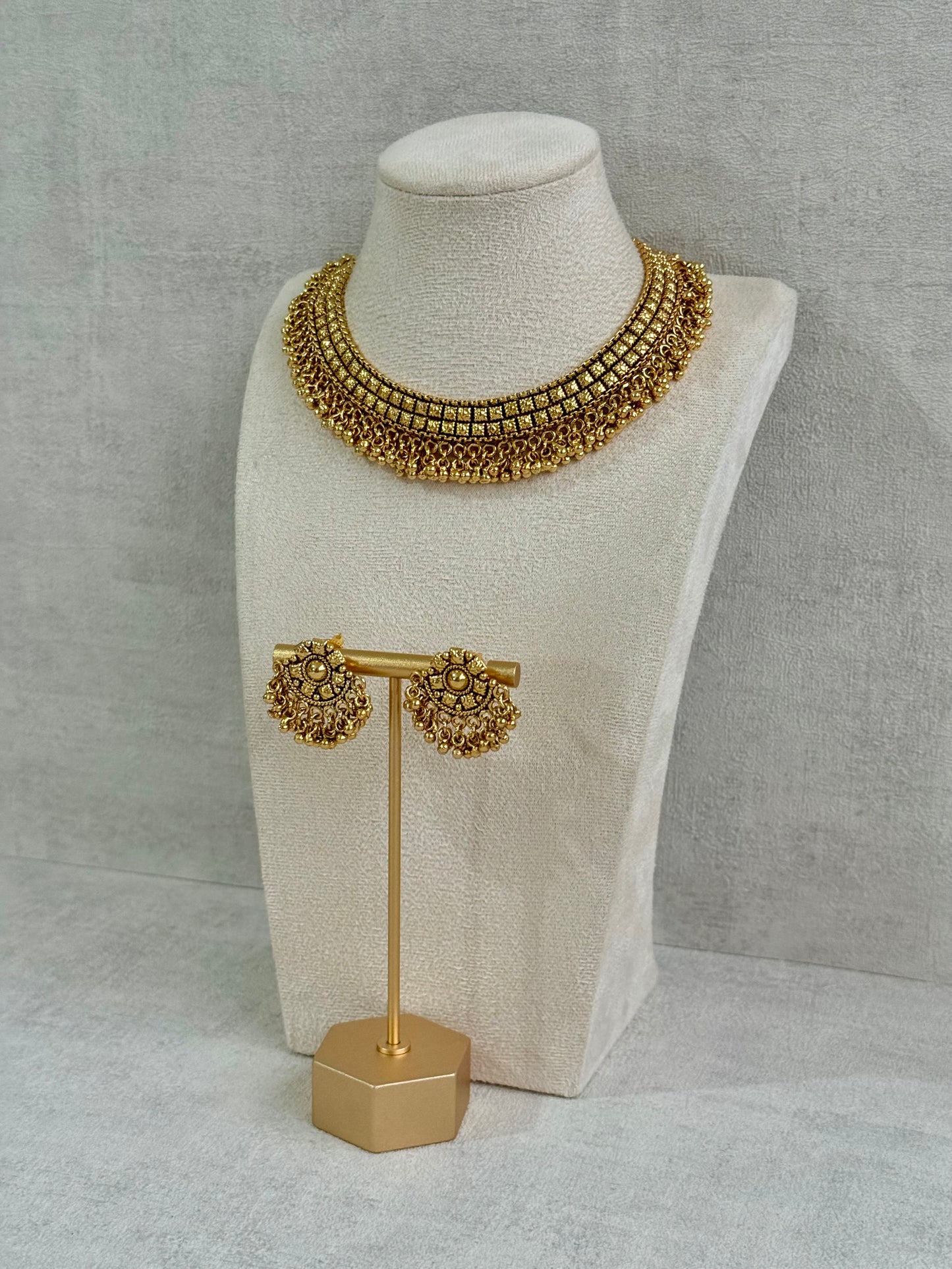 Ayura Designs Ranya Set – Antique Gold Necklace with Stud Earrings & Ghungroo Detailing