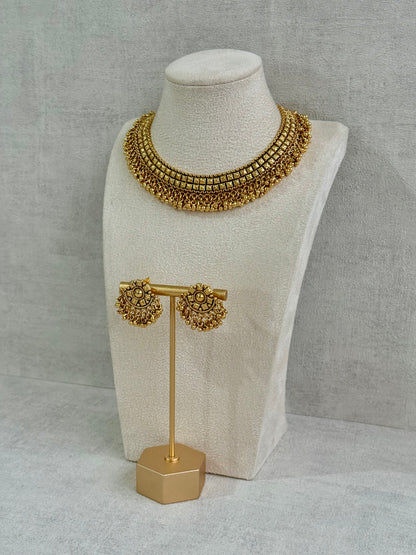 Ayura Designs Ranya Set – Antique Gold Necklace with Stud Earrings & Ghungroo Detailing