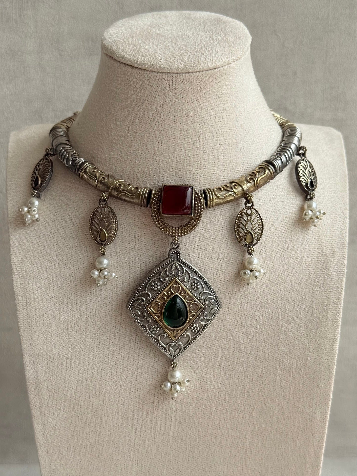 Ayura Designs Paayal Set with Earrings – Dual Tone Oxidised Necklace Set with Multicolour Stones & Pearl Clusters