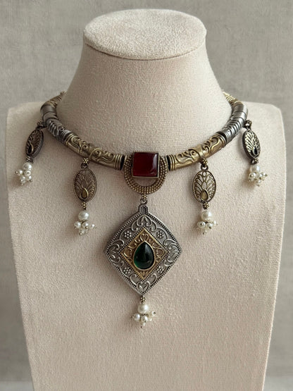 Ayura Designs Paayal Set with Earrings – Dual Tone Oxidised Necklace Set with Multicolour Stones & Pearl Clusters