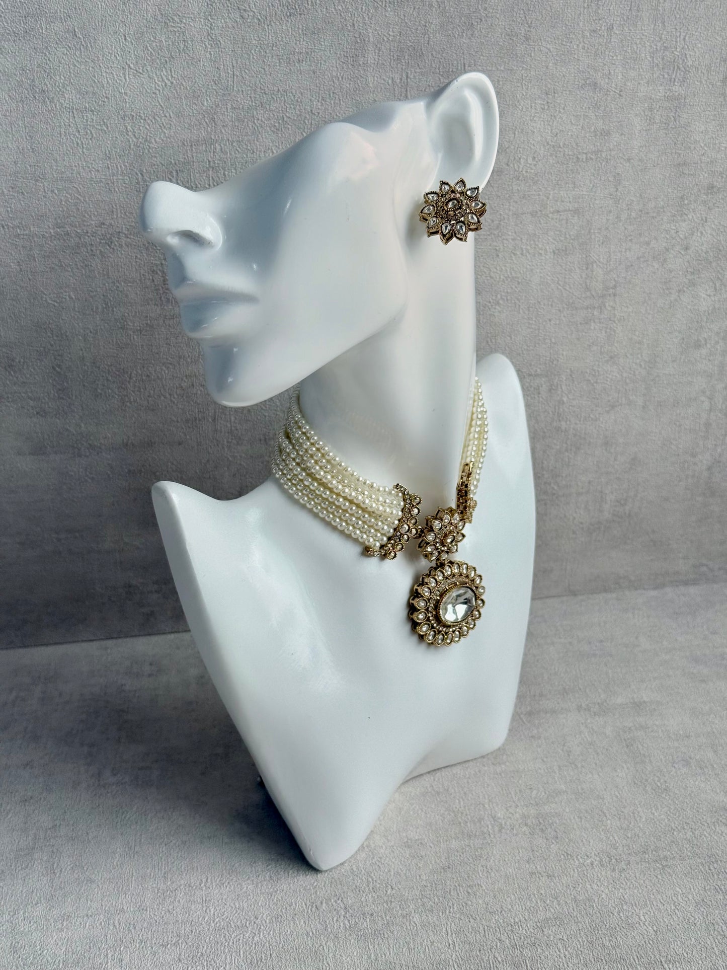 Ayura Designs Amaya Necklace Set with Studs – Antique Finish in Crystal Stones with Pearl Strands