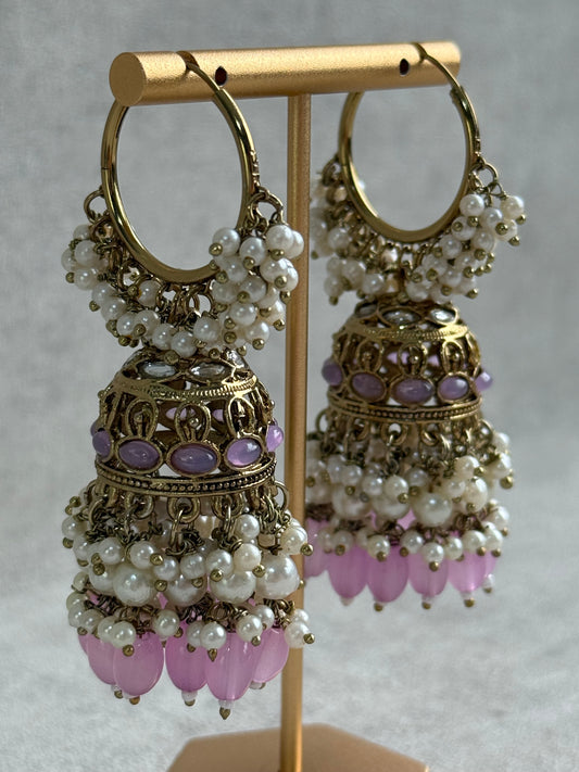Ayura Designs Jugni Jhumkis – Antique Gold Balis with Lavender Beads & Pearl Clusters