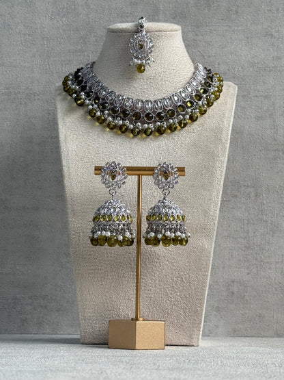 Ayura Designs Rayal Set – Silver Necklace, Jhumkis & Tikka with Olive Green Stones & Pearl Detailing